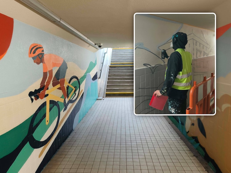 Muurschildering station Lier , Inzet: de kunstenaar aan het werk