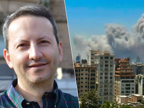 Links: VUB-prof Ahmadreza Djalali. Rechts: Rookpluimen boven de stad na de Israëlische aanval op de gevangenis.
