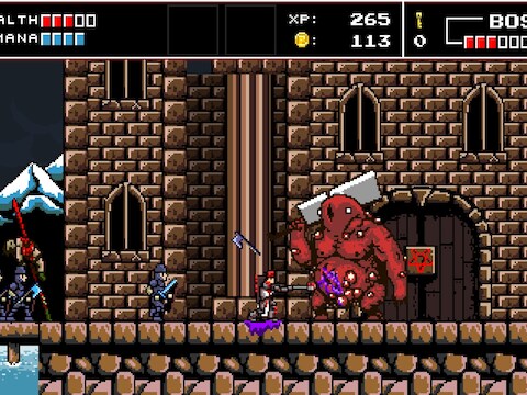 Bloed, ingewanden en - jawel - kots sproeien vrolijk in het rond, ondanks de dikke pixelgraphics van 'Infernax'.