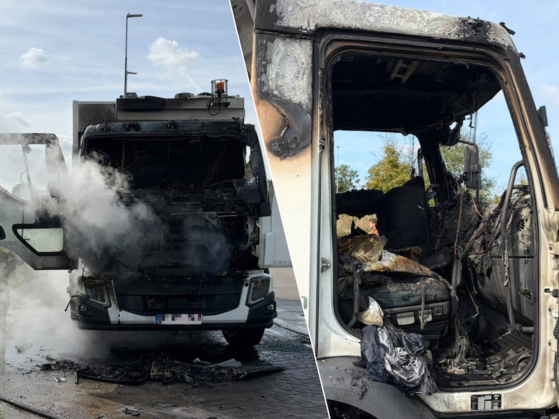 De cabine van een vrachtwagen van IMOG brandde volledig uit.