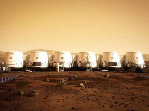 Een impressie van Mars One hoe het dorp op de Rode Planeet er in 2023 zou moeten uitzien.