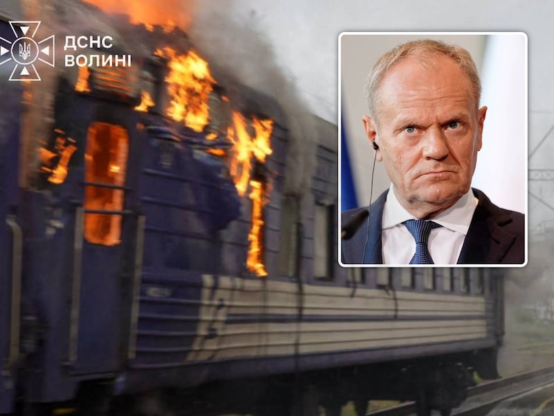 De recente Russische droneaanval op een trein bij de grens tussen Oekraïne en Polen heeft de spanningen opnieuw doen stijgen (inzet: de Poolse premier Donald Tusk)