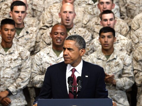 De Amerikaanse president Barack Obama spreekt mariniers toe, eerder deze maand op Camp Pendleton. Obama zou een kleinschalige en korte militaire aanval op Syrië overwegen.