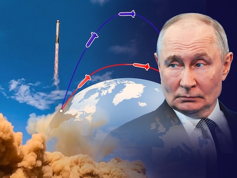 De Russische president Poetin en een testlancering van zijn Satan 2-raket.