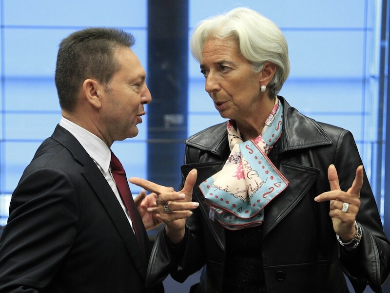 Yannis Stournaras (de Griekse minister van Financiën) en Christine Lagarde (voorzitter IMF)