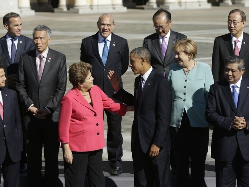 De G20-top in St. Petersburg, begin september. In het midden de Braziliaanse president Dilma Rousseff en de Amerikaanse president Obama.