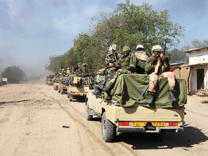 Tsjadische soldaten patrouilleren in het grensgebied bij Nigeria.