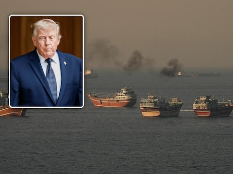 De Straat van Hormuz/ de Amerikaanse president Donald Trump (inzet).