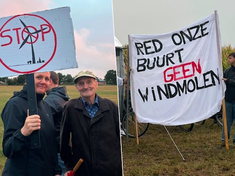 Buurtbewoners kwamen woensdagavond samen aan de Schriekse Beemd in Essen, precies op de plek waar Spark Power een windturbine wil bouwen. Links: Buurtbewoner Jos samen met zijn dochter.