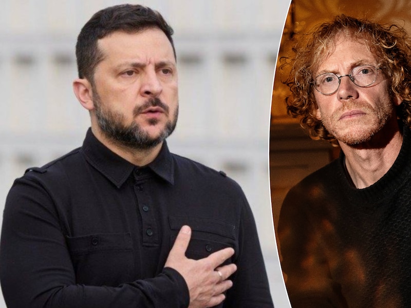 De Oekraïense president Volodymyr Zelensky toen hij enkele dagen geleden de herbegrafenis van een Oekraïense kolonel bijwoonde. Rechts: professor Hendrik Vos.