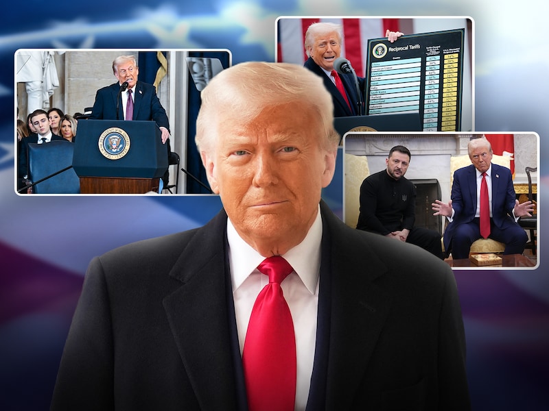 Donald Trump met enkele sleutelmomenten in zijn eerste 100 dagen: eedaflegging, importheffingen en ruzie met de Oekraïense president Volodymyr Zelensky.