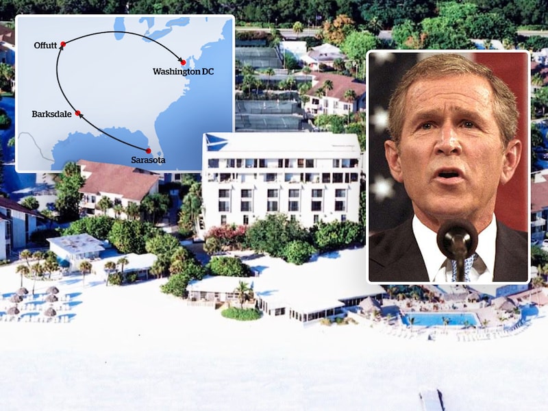 De plek waar de Amerikaanse president George W. Bush zijn dag begon en de reisbewegingen die hij daarna heeft gemaakt.