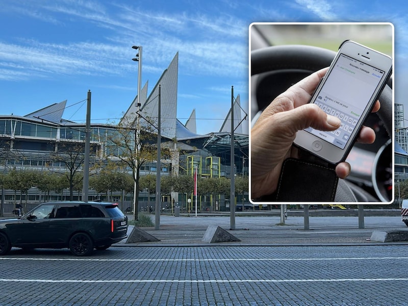 Het justitiepaleis van Antwerpen op de Bolivarplaats., Inzet: - GSM gebruik achter het stuur, ook op speaker, is verboden.
