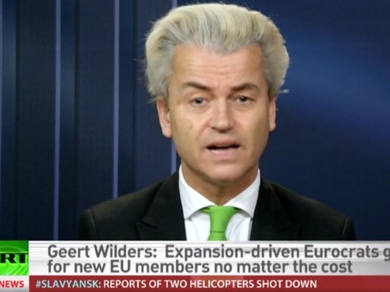 Geert Wilders tijdens het interview op de Russische staatsomroep RT