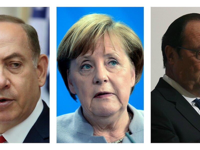 Netanyahu, Merkel en Hollande.