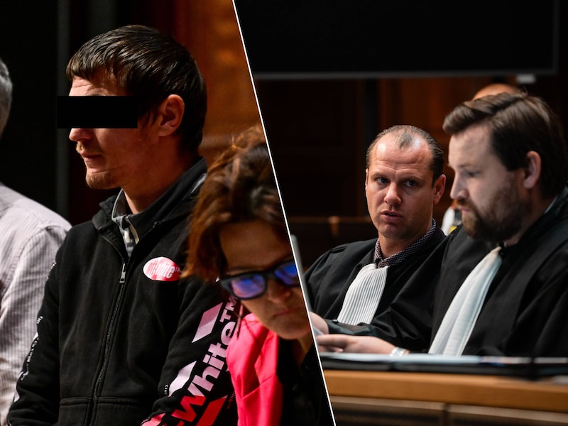 Alexandru Jacota (links) zou volgens zijn advocaten Boris Reynaerts en Dieter Gilis (rechts) gehandeld hebben uit zelfverdediging.