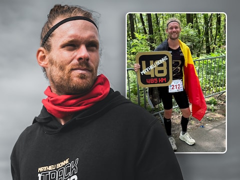 Matthieu Bonne na zijn geslaagde recordpoging van zondag (links) en op een portret van vorig jaar.
