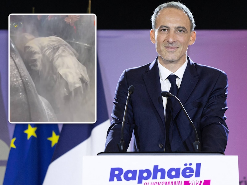Europarlementslid Raphaël Glucksmann. Inzet: Gluckmann onder de bloem toen hij in zijn taxi wilde stappen.
