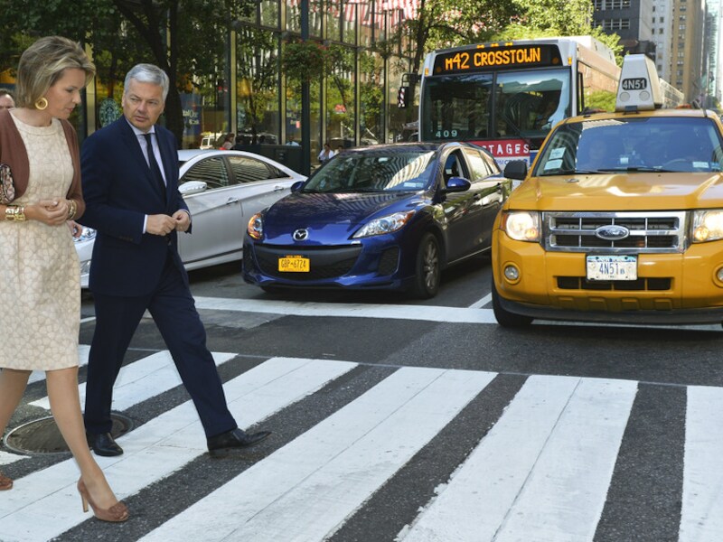 Koningin Mathilde en Didier Reynders in New York.