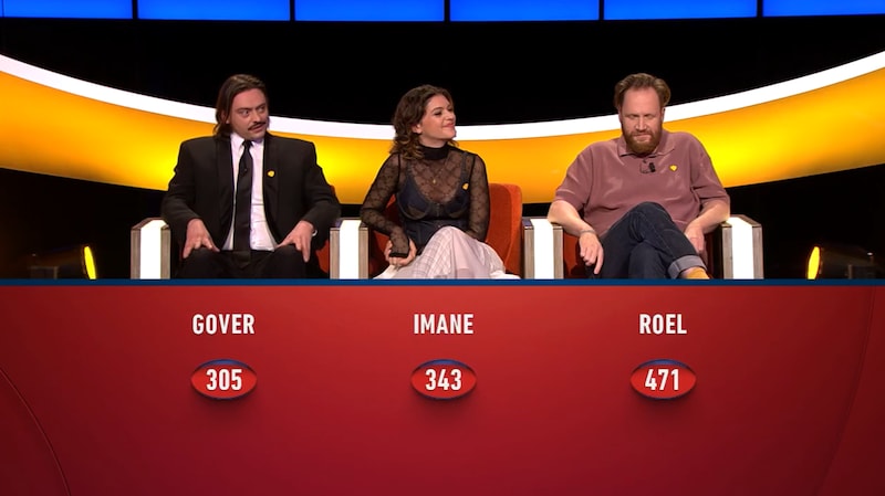 Gover Meit, Imane Boudadi en Roel Steeno in 'De slimste mens'. 