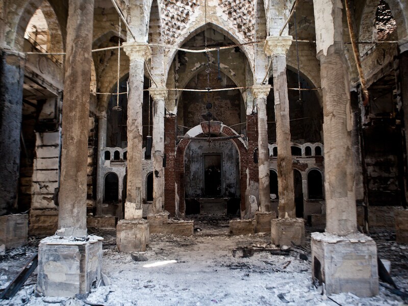 De Amir Tadros-kerk in al-Minya, die op 14 augustus in brand werd gestoken.