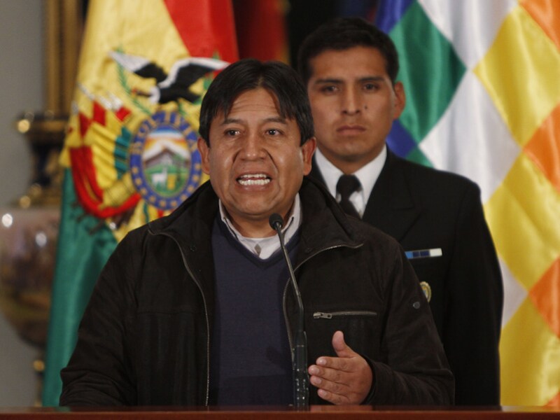 De Boliviaanse minister van Buitenlandse Zaken David Choquehuanca dinsdag tijdens een persconferentie in La Paz.