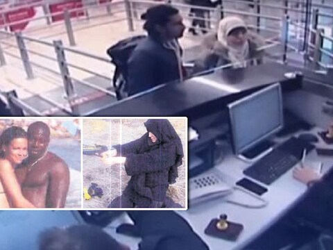 Hayat Boumeddiene en een vriend op het Turkse vliegveld Sabiha Gökcen. Inzetje: Hayat in twee totaal verschillende gedaantes