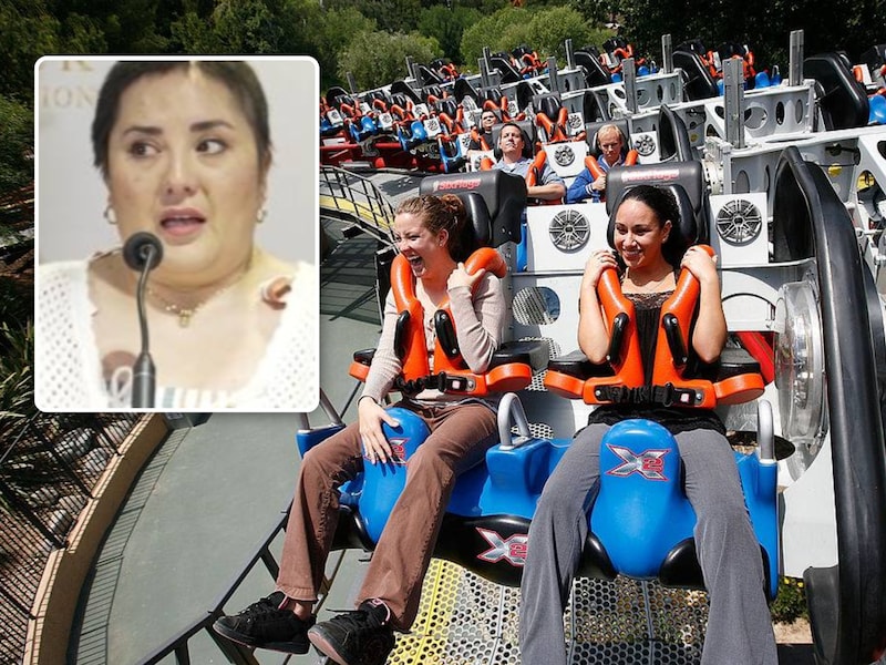Pretparkgangers op deX2-achtbaan in Six Flags. Inzet: Pamela Guillen moest opnieuw leren praten en lopen.