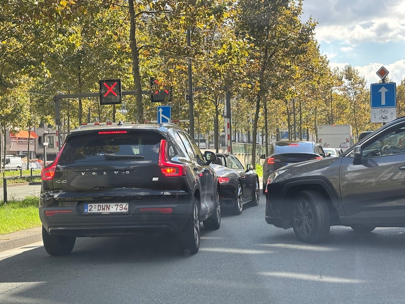 Het verkeer op de Antwerpse Leien staat volledig vast nadat een vrachtwagen zich heeft vastgereden in de Jeanne Brabantstunnel. 