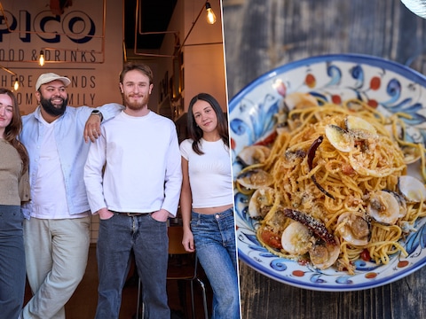 Van links naar rechts: Florence Blommaert (verantwoordelijke), Yo Aoulad (zaakvoerder), Sam Van Vlierberghe (zaakvoerder) en Rania Vanderdonck (verantwoordelijke). / pasta vongole bij Pico.