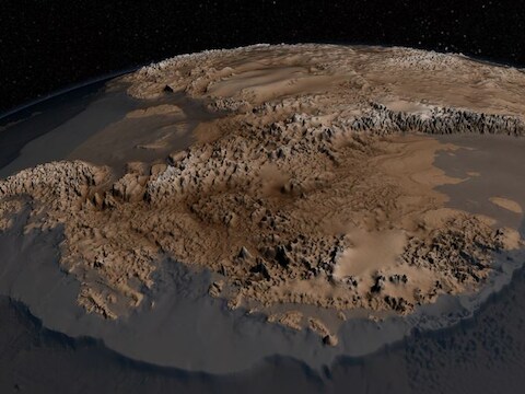 De topografie van Antarctica zoals die eruit ziet onder de dikke sneeuw- en ijslaag.