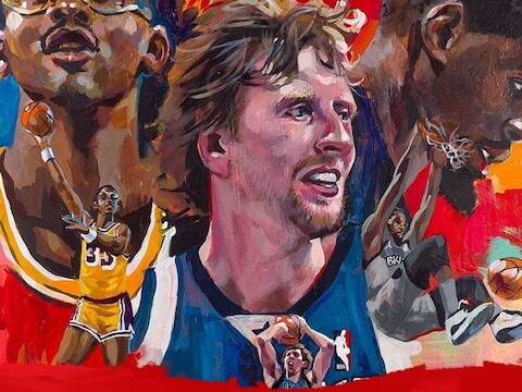 Kareem Abdul-Jabbar, Dirk Nowitzki en Kevin Durant, zoals ze zullen verschijnen op de cover van 'NBA 2K22'.