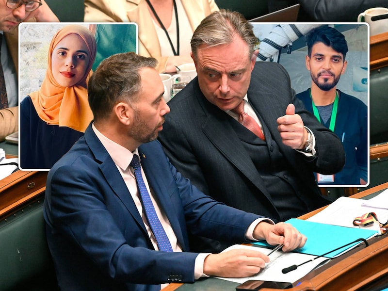 Minister van Buitenlandse Zaken Maxime Prévot en premier Bart De Wever. Inzet: Palestijnse studenten Salwa Aby Elhaj en Ahmed Abujami. 