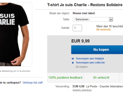 T-shirt met de slogan 'Je suis Charlie', voor 9,99 euro verkrijgbaar op eBay.