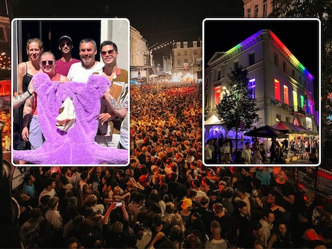Een bomvolle Vlasmarkt tijdens de Gentse Feesten. Inzetfoto’s: enkele vrijwilligers van de Que Club, in het regenbooghuis Magenta in Gent.