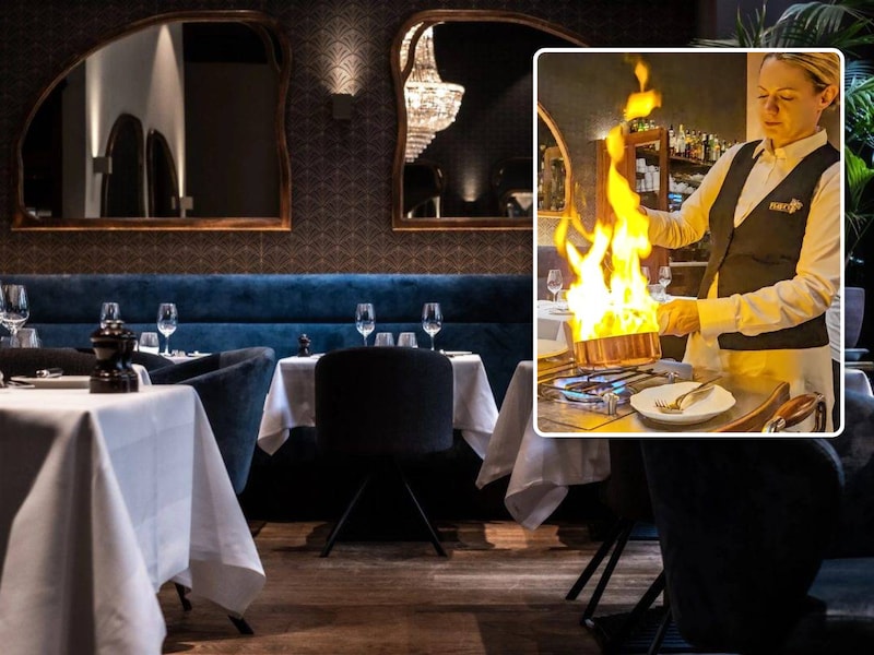 De pepersteak wordt live aan de tafel geflambeerd in restaurant Marcel.