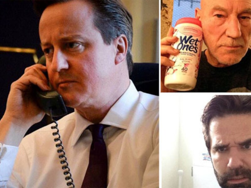 Cameron deelde een foto van zijn telefoontje van naar Obama. Acteur Patrick Stewart (rechtsboven) en comedian Rob Delaney (rechtsonder) belden ook in.