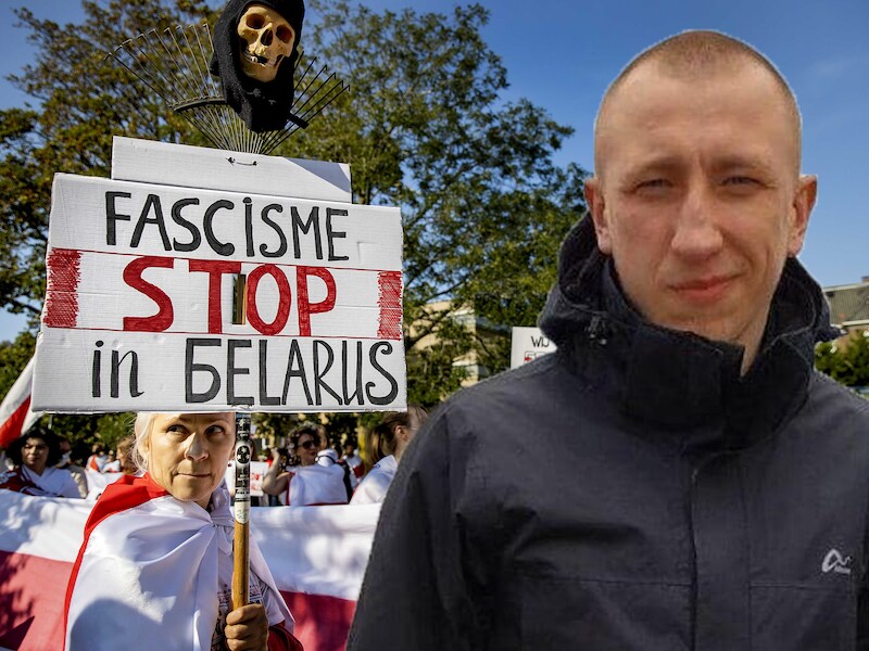 Demonstranten protesteren tegen het Wit-Russische regime. Rechts Vitali Tsjitsjov.