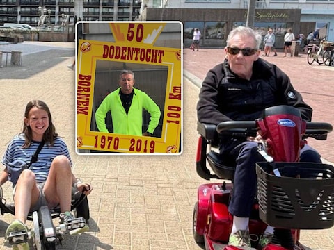 Dieter, hier met zijn kleindochter, is sinds zijn diagnose aangewezen op een scootmobiel. Voor hij die diagnose kreeg, nam hij liefst 36 keer deel aan de Dodentocht (inzet).