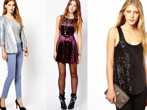 Feestelijke blazer, transparante panty's en fluwelen jurk en schitterende clutch bij Asos.com.