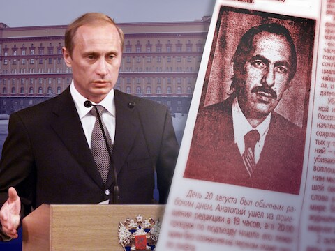 Vladimir Poetin, het hoofdkwartier van de FSB en een krantenknipsel over de in 1998 omgebrachte Anatoli Levin-Oetkin.
