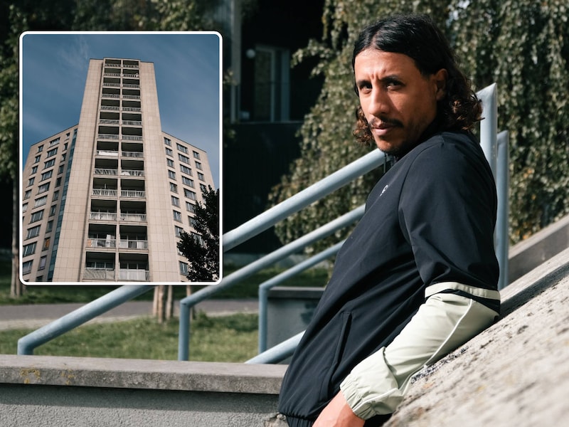 Saïd Boumazoughe bij de Kielparktorens in Antwerpen. Op de inzetfoto zie je een toren meer in detail.