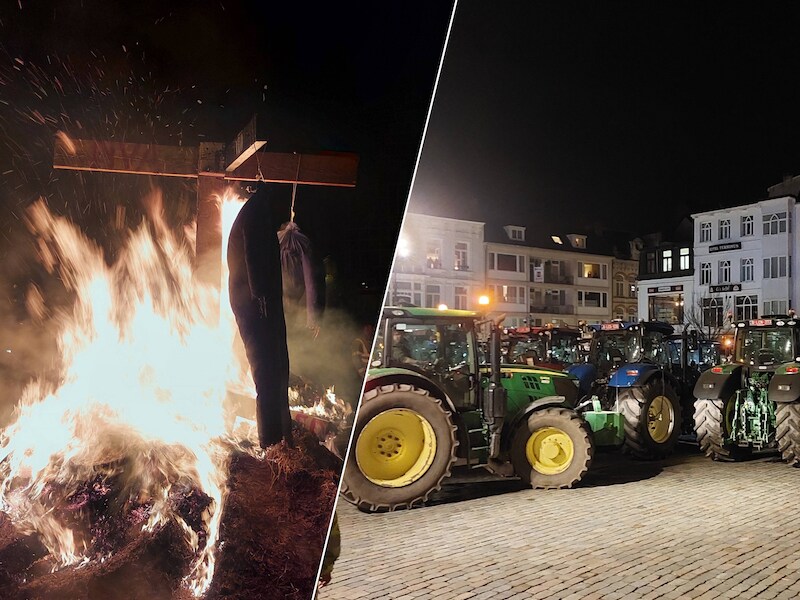 Op de Grote Markt in Turnhout werd een galg - met daarop de namen van Vlaamse regeringspartijen N-VA, CD&V en Open Vld - in brand gestoken 