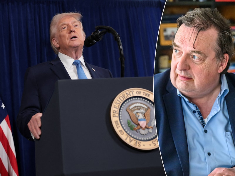 Links: Donald Trump tijdens zijn persconferentie. Rechts: Amerikakenner Herman Matthijs.