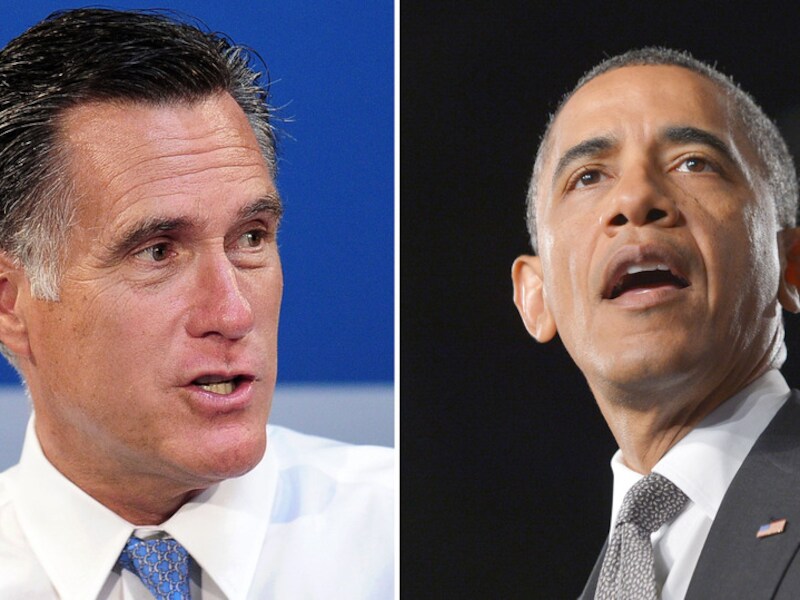 Mitt Romney (l.) en Barack Obama (r.) strijden om het Amerikaanse presidentschap.