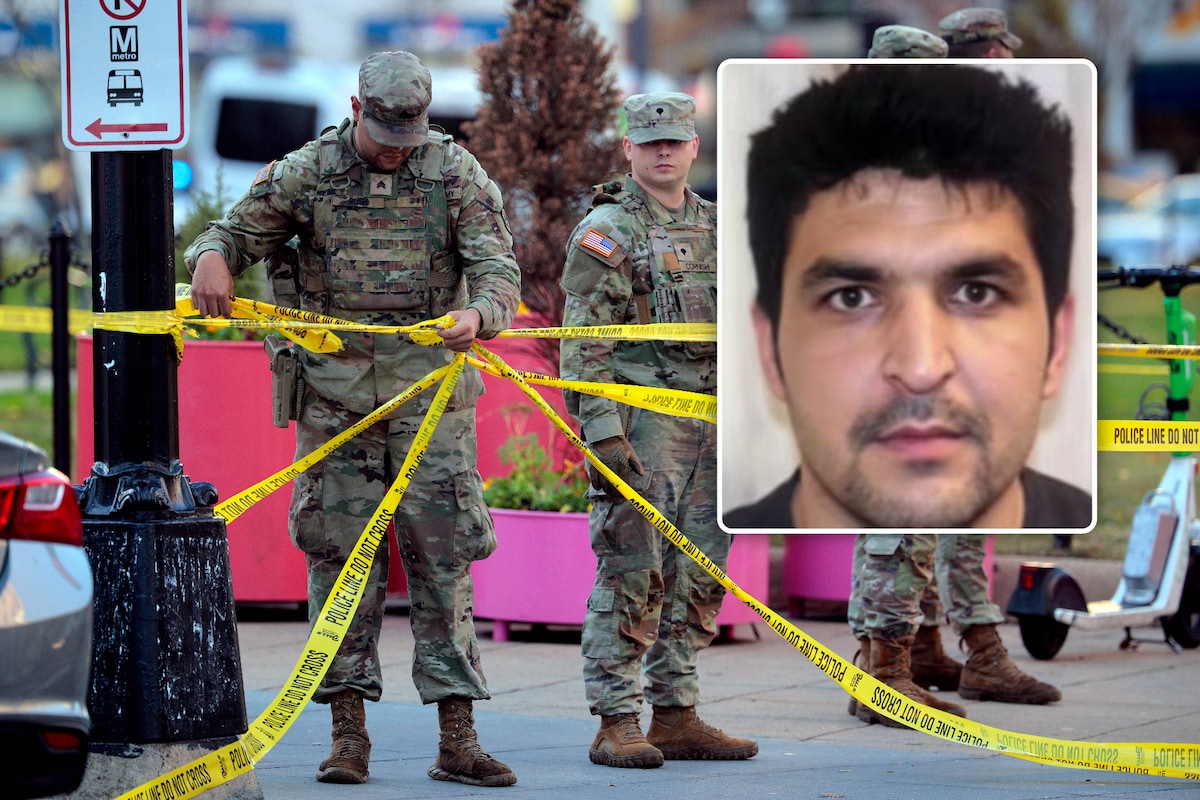 Miembros de la Guardia Nacional en el lugar del ataque en Washington DC. (26/11/25) / Recuadro: sospechoso Rahmanullah Lakanwal.