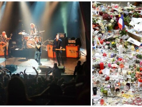 Links: Eagles of Death Metal op vrijdag 13/11 in de Parijse Bataclan, enkele minuten voor de aanslag. Rechts: een bloemenzee aan de Bataclan.