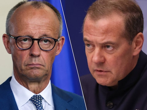 De Duitse bondskanselier Friedrich Merz en de Russische ex-president Dmitri Medvedev. 