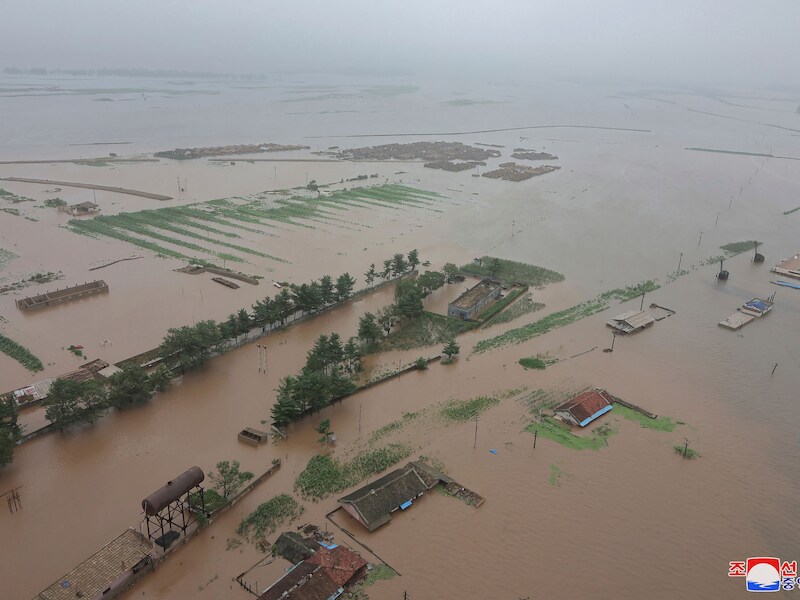 Overstroomd gebied in de Noord-Phyongan provincie in Noord-Korea.