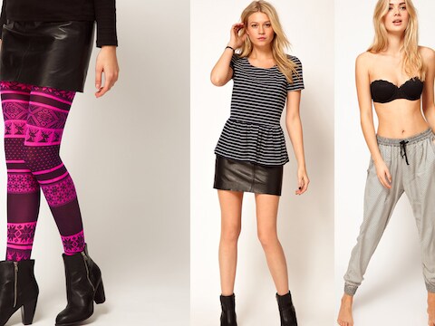 Kleurrijke panty's, de onflatterende peplum en een zijden harembroek bij Asos.com.